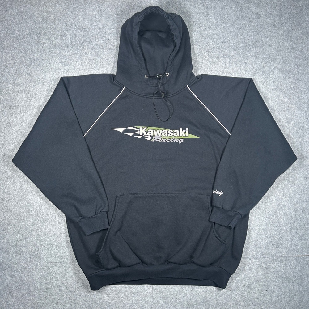 Kawasaki Racing Hoodie Mens XL Black 90s Vintage Moto Sport Pullover Made Canada